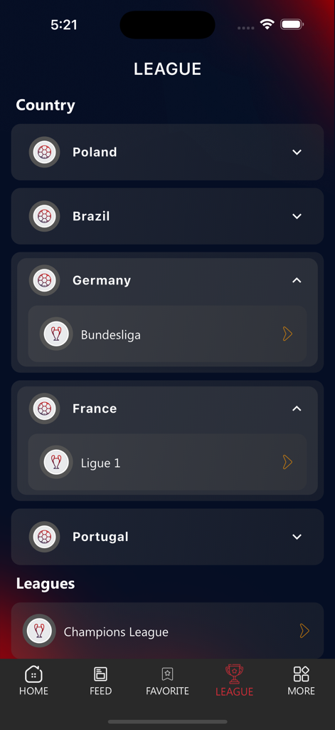 Hola Football Live - Interfaz de la aplicación Hola Football Live que muestra una lista de ligas y países de fútbol como la Bundesliga de Alemania y la Ligue 1 de Francia