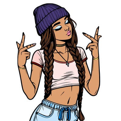realistic teenage girl with braids and a beanie and crop top doing 🫶🏼