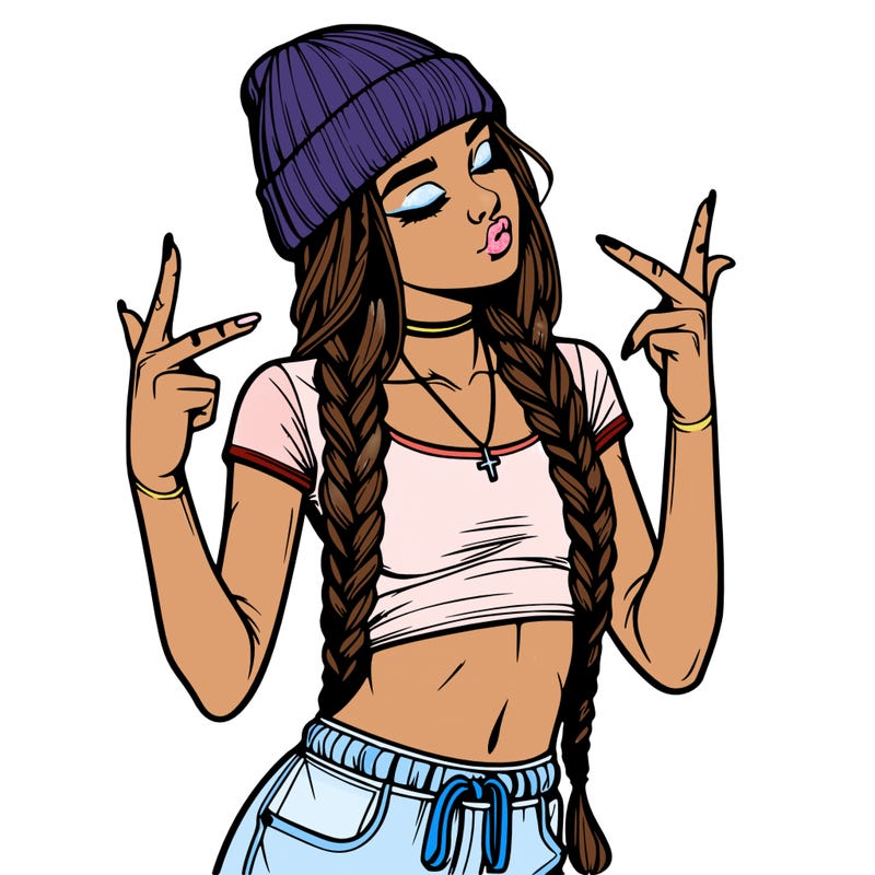 realistic teenage girl with braids and a beanie and crop top doing 🫶🏼