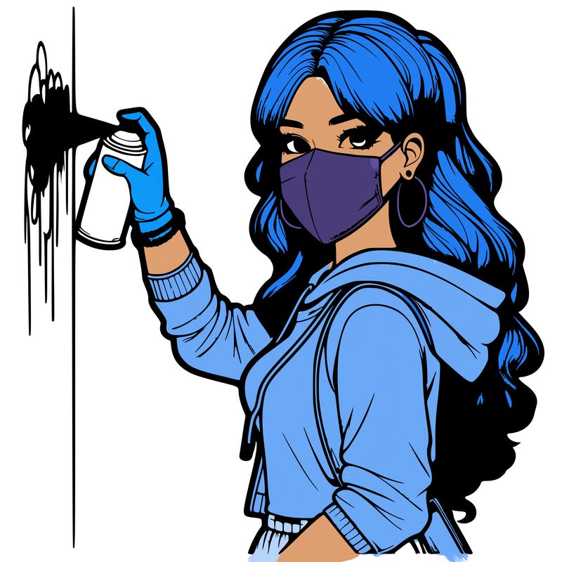 realistic girl with mask spray painting a wall