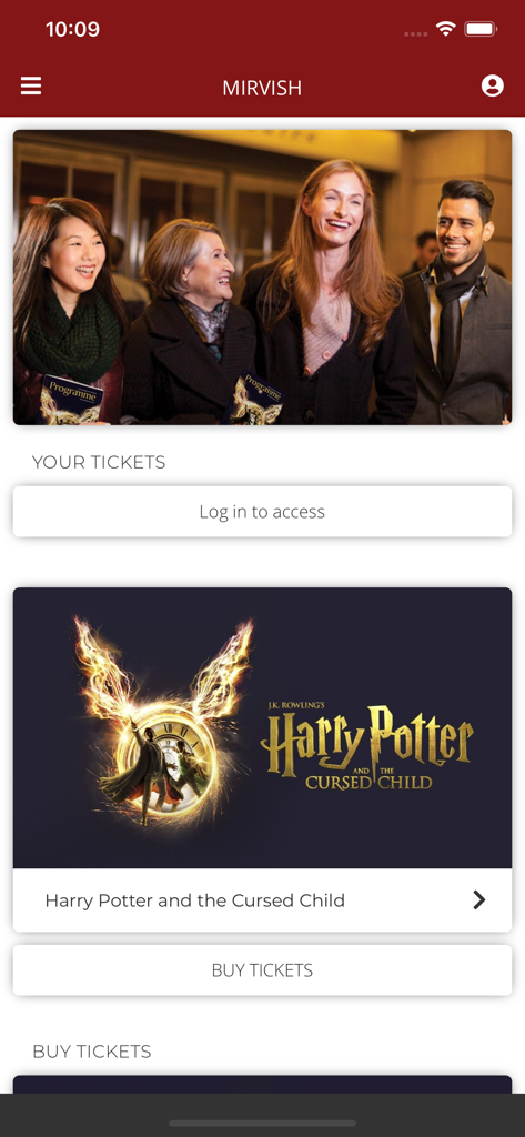 Mirvish Productionsアプリのホーム画面に、ハリー・ポッターと呪われた子供のチケットオプションが表示される