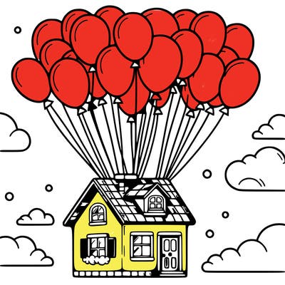 house floating from lots of balloons