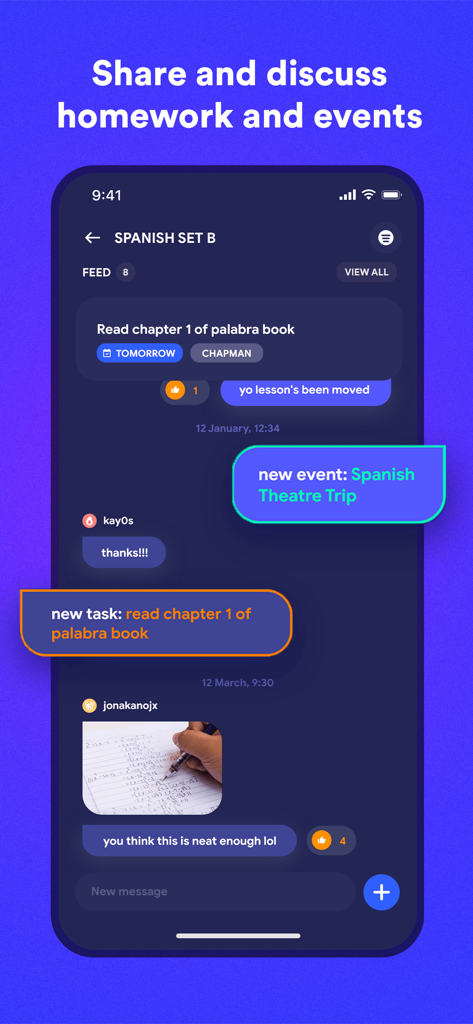 Classify — School Planner - Mobile interface of Classify school planner showing a class group chat for sharing homework and events.