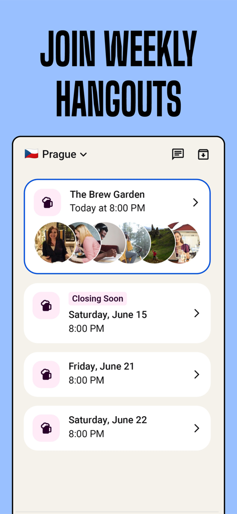 Let's Hang: Social Meetups - Pantalla de la app móvil que muestra una lista de encuentros sociales semanales curados en locales como The Brew Garden.