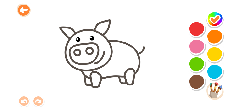 Kidify: Kids Color, Play, Talk - A toddler drawing interface featuring a simple pig illustration and a vibrant color palette