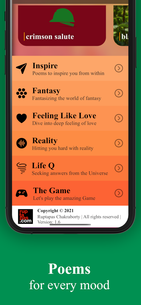 Poetik: On Poems and Poetry - Pantalla móvil de la aplicación Poetik que muestra categorías de poemas basadas en emociones como Inspiración, Fantasía y Amor.