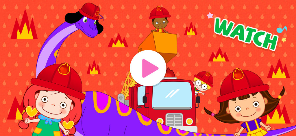 Pinkfong Dino World: Kids Game - Niños de dibujos animados y un dinosaurio morado con cascos de bombero junto a un camión de bomberos con un botón de reproducción de video