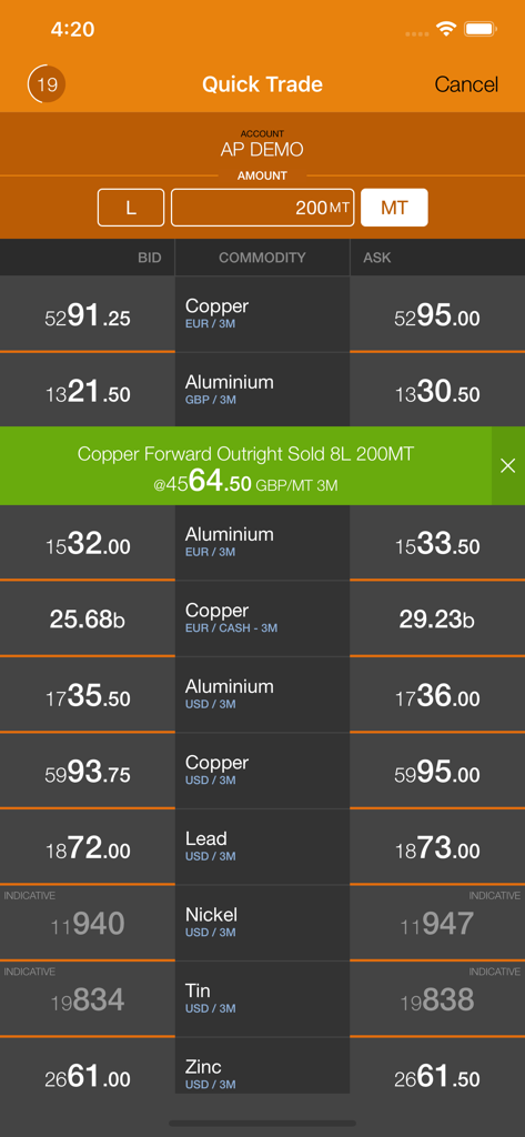 Execute by J.P. Morgan - A screenshot of the Execute by J.P. Morgan app showing real-time commodity bid and ask prices and a trade execution confirmation for copper.
