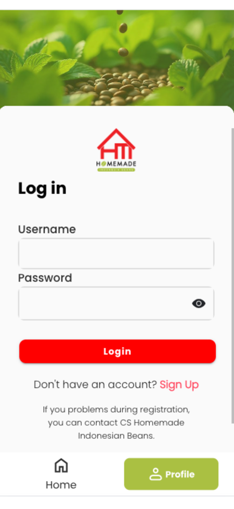 Homemade Indonesia Beans - Pantalla de inicio de sesión de la aplicación Granos de Indonesia Caseros con campos para nombre de usuario y contraseña y un botón de inicio de sesión rojo
