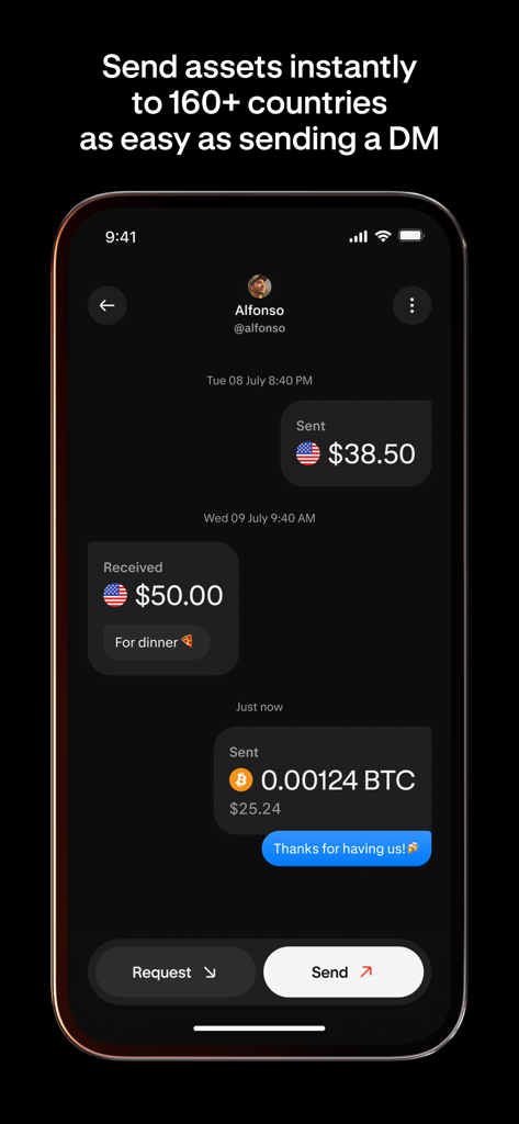 Krak: Money & Crypto Transfer - Krak 모바일 앱 채팅 화면: 사용자 간 USD 및 비트코인 거래 표시