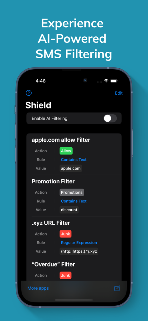 Shield app screen showing AI filtering options and custom message rules for SMS filtering on iPhone