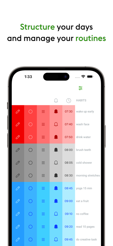 A screenshot of the everyday habit tracker app displaying a structured daily routine with color coded task blocks and notification settings