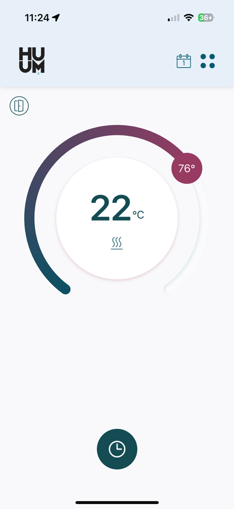 HUUM - Panel de la aplicación HUUM con un medidor de temperatura circular para el calentamiento inteligente de la sauna