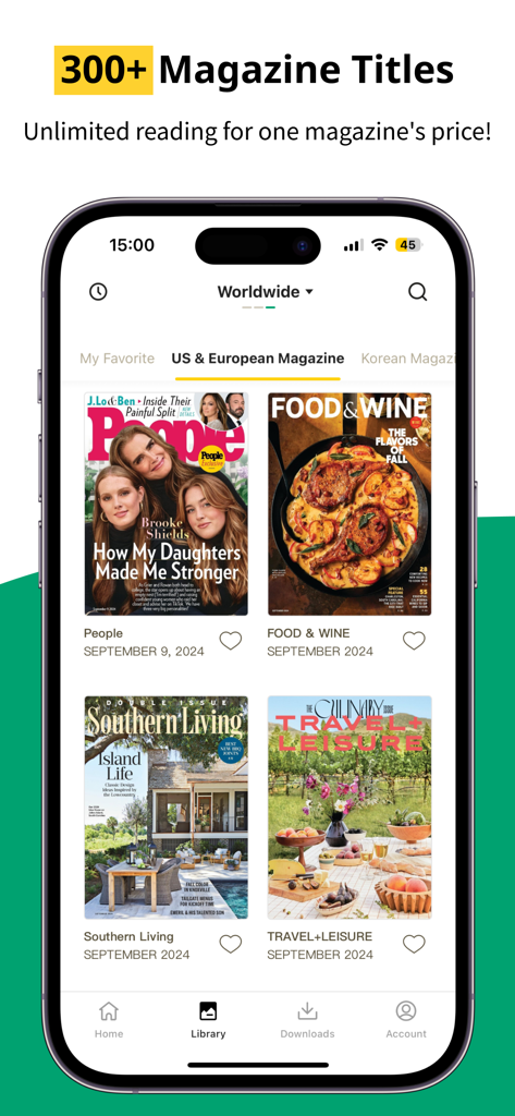 Kono Digital Magazines - Kono Digital Magazines app interface showing a library of US and European magazine titles on a smartphone