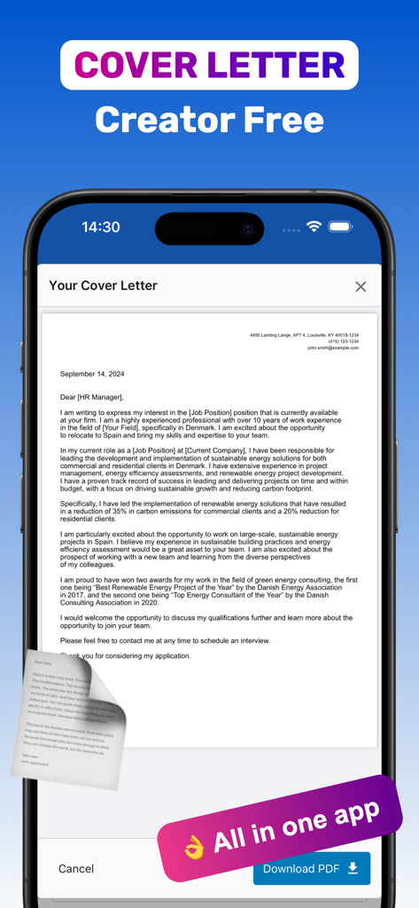 CV Resume Maker ¹ - Una carta de presentación profesional siendo redactada en un smartphone utilizando la aplicación CV Resume Maker.