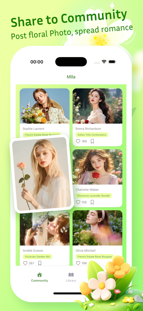 Mila: Flora Nest - Ein mobiler Bildschirm, der den Community-Feed der Mila-App zeigt, auf dem Benutzer Fotos ihrer handgefertigten Blumensträuße teilen
