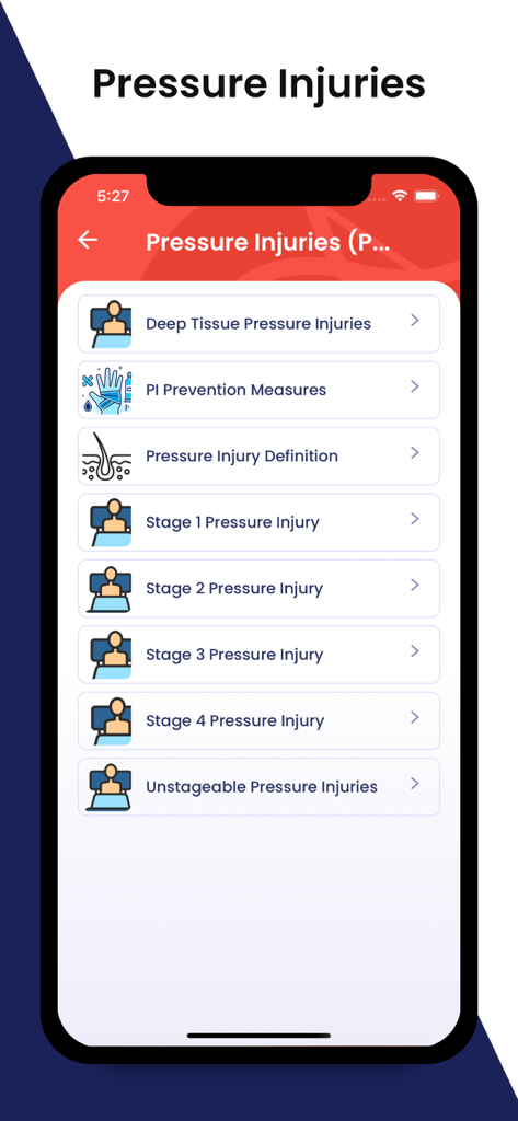 Wound Care Pro - Wound Care Proアプリのインターフェース。ステージ1から4までの褥瘡のカテゴリと予防策のリストが表示されています。