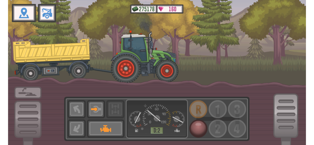 Capture d'écran du gameplay montrant un tracteur vert avec une remorque jaune traversant une forêt sur un terrain boueux.