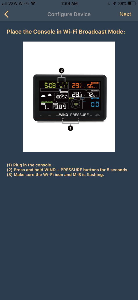awnet - awnetアプリのインターフェース。ハードウェア図を含め、Ambient WeatherコンソールをWi-Fiブロードキャストモードにするための手順を表示しています。