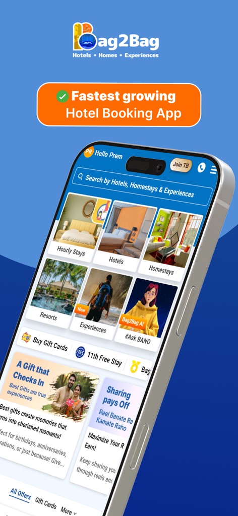 Bag2Bag 모바일 앱 인터페이스, 인도 내 시간제 숙박 및 홈스테이와 같은 호텔 예약 카테고리 표시