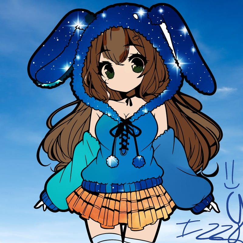 pretty anime girl wearing a fluffy hoodie with bunny ears on the hood and a skirt