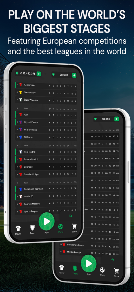 La aplicación Club Legend mostrando clasificaciones de ligas de fútbol europeas y competiciones de equipos en pantallas móviles