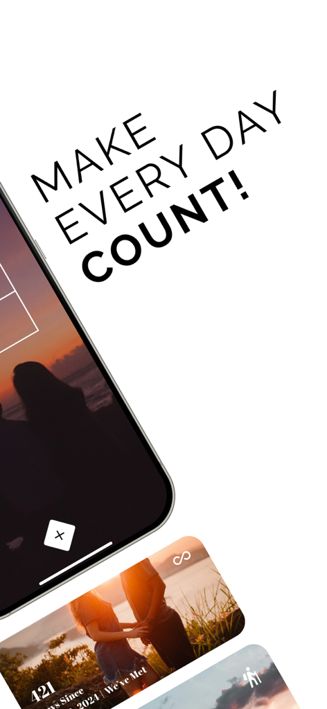 Interfaz estética de la aplicación móvil Days To Countdown con el lema 'Make Every Day Count' y un contador sentimental de días transcurridos