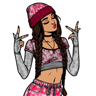realistic teenage girl with braids and a beanie and crop top doing 🫶🏼