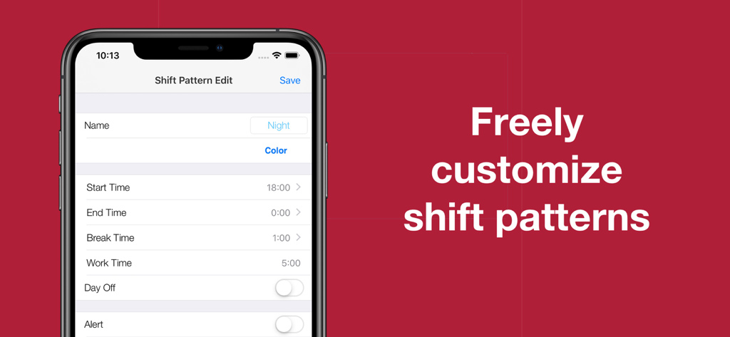 Shift Work Calendar Planner - Interface of the Shift Work Calendar Planner app showing options to edit shift patterns including start and end times