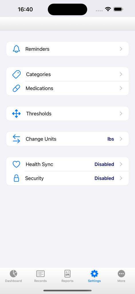 iGoal Plus - iGoal Plus settings menu featuring options for reminders, medications, thresholds, and health data synchronization