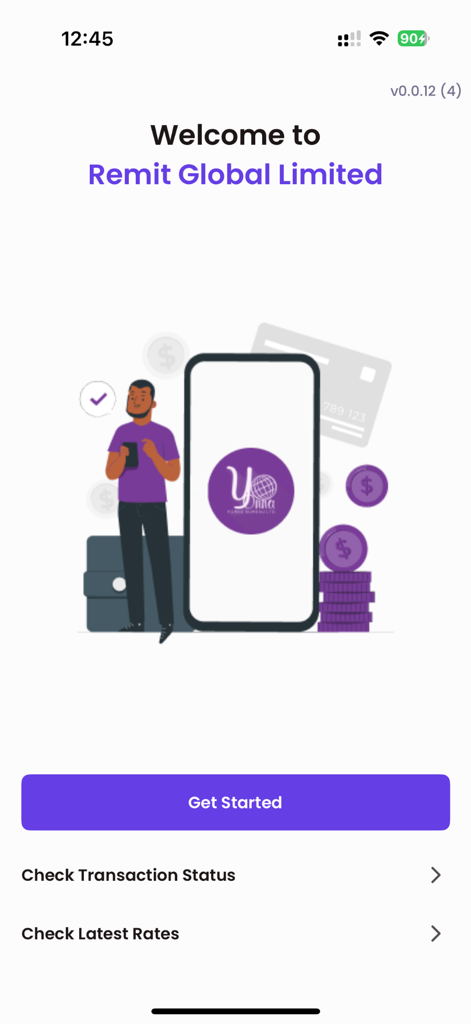 Welcome screen for the Yonna Global mobile money transfer app showing the Get Started button and financial illustrations