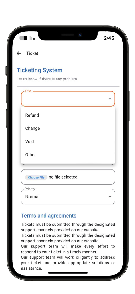 Al Safari 旅行アプリのチケット システム インターフェイス。カスタマー サポートと返金リクエスト用。