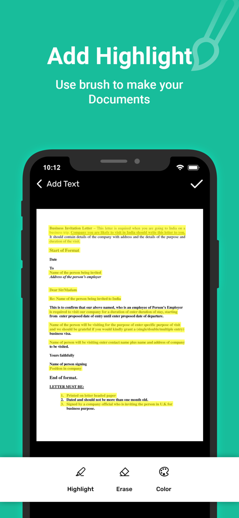 Cam Scanner - Doc Scan - Écran d'iPhone montrant l'interface de l'application Cam Scanner pour surligner du texte sur une lettre commerciale numérisée.