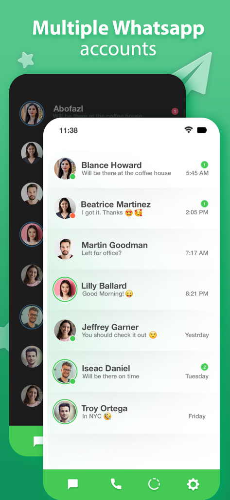 GB What+ : Dual Messenger chat - GB What Plusアプリのインターフェース。複数のWhatsAppアカウントとチャットリストがモバイル画面に表示されています。