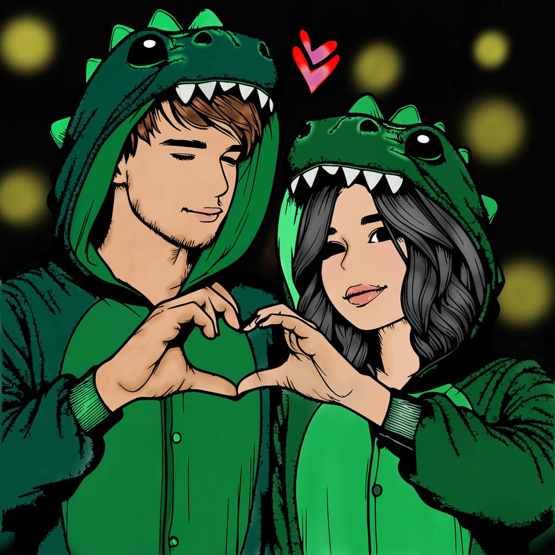 realistic couple wearing matching dinosaur onesies with heart hand gesture