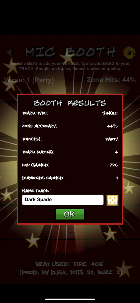 Rap Quest 2 booth results screen showing track stats and name field