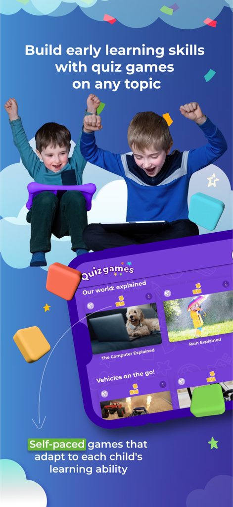 Two happy boys using a tablet with the Kahoot! Kids app showing educational quiz games.