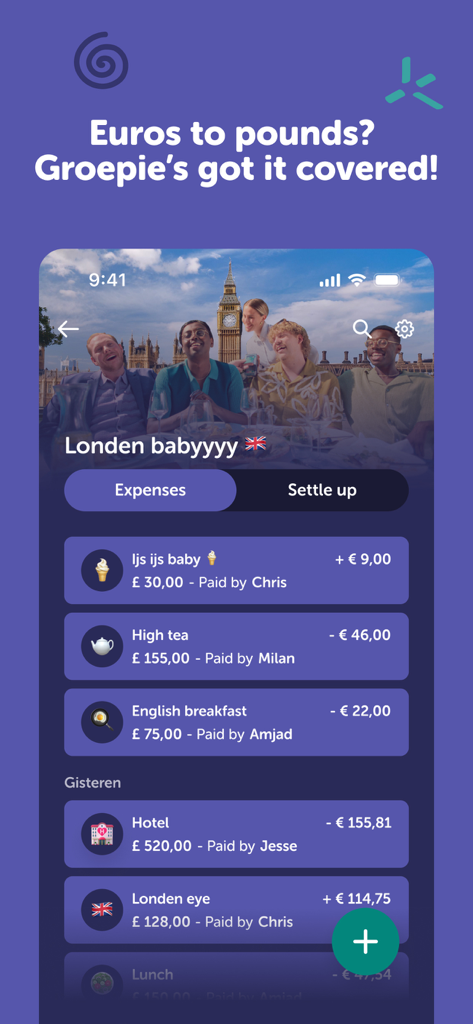Tikkie app screen showing the Groepie feature for tracking shared travel expenses with currency conversion between Euros and Pounds