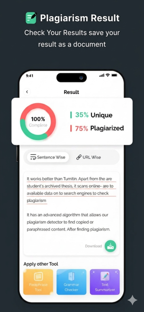 Turnitin Plagiarism Detector - App-Bildschirm mit Plagiatsprüfungsergebnissen, prozentualer Aufschlüsselung und Analyse von hervorgehobenem Text.