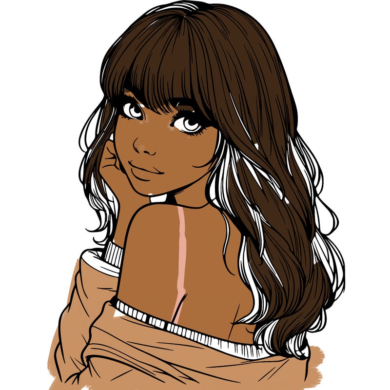 realistic girl with bangs looking over her shoulder