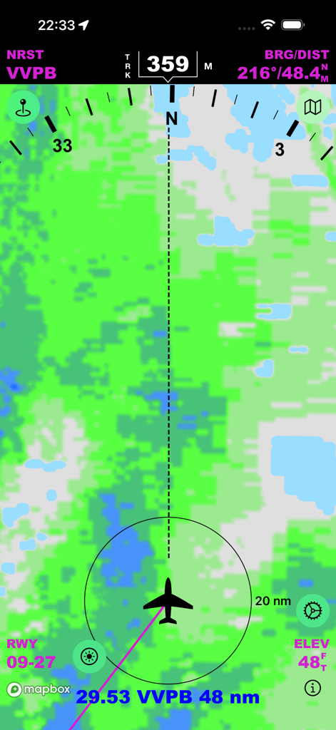 iEFIS Pro - Aviation navigation map in iEFIS Pro app displaying aircraft position and nearest airport information