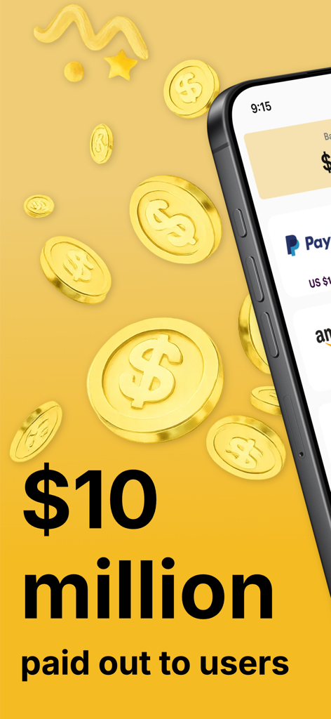 Captura de pantalla de la aplicación Golden Surveys que muestra 10 millones de dólares pagados a usuarios con monedas de oro flotantes y opciones de recompensa en efectivo