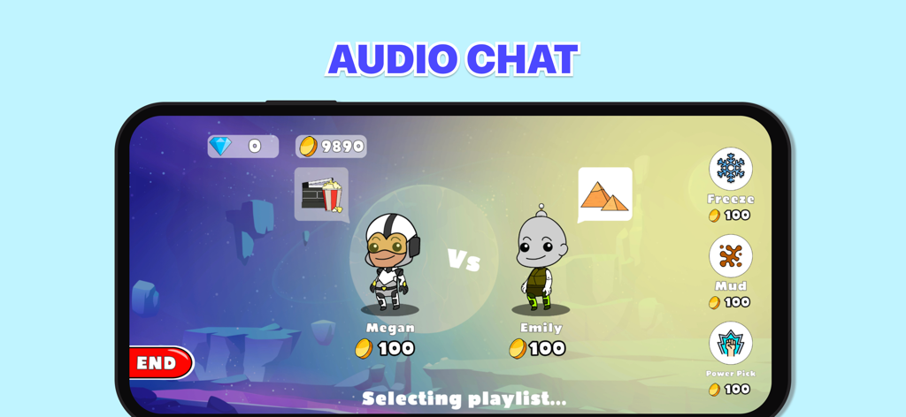 Dos avatares de dibujos animados compitiendo en un partido de trivia con una función de chat de audio en vivo