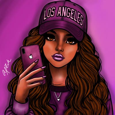 realistic beautiful girl wearing los ángeles cap holding an iphone