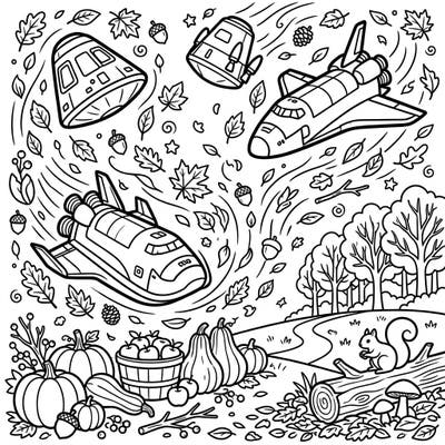 Embark on an out-of-this-world autumn adventure with this unique coloring page! Featuring detailed reentry vehicles soaring amidst a whimsical fall landscape, it's perfect for space enthusiasts and nature lovers alike.