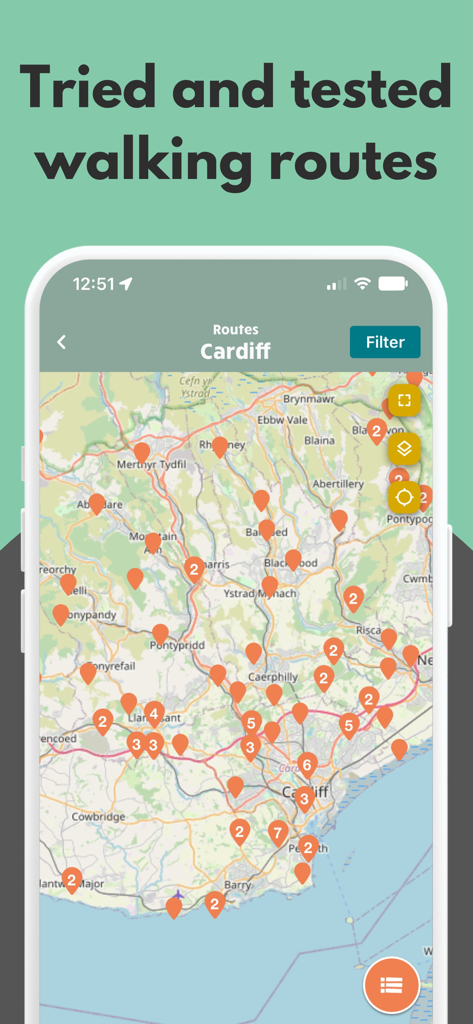 Ramblers - Affichage de la carte des itinéraires de marche à Cardiff dans l'application Ramblers