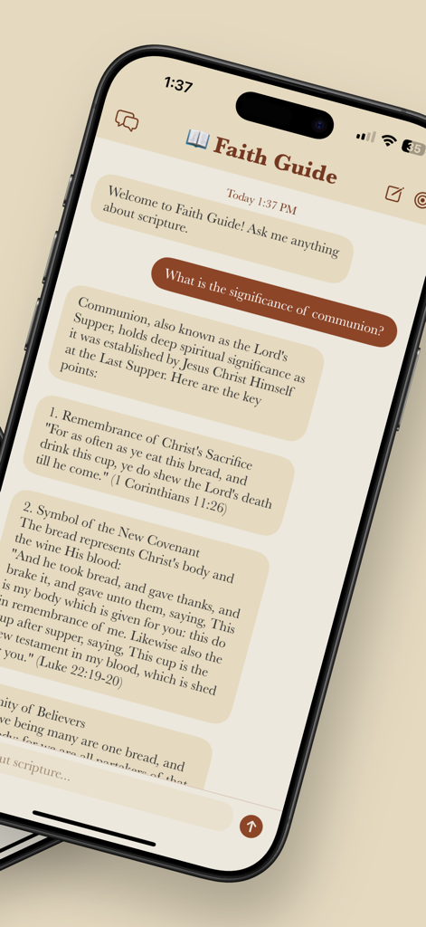 A screenshot of the Faith Guide mobile app displaying a conversation about the significance of communion with biblical references