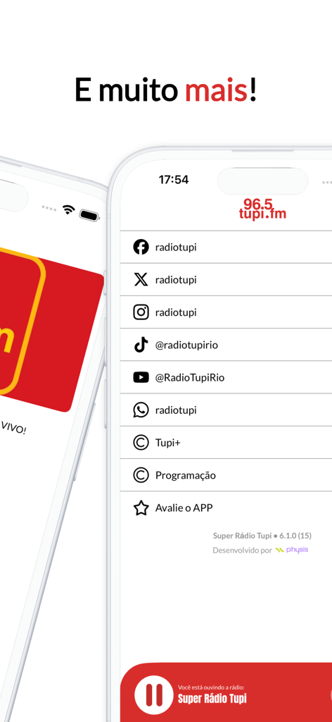 Menu do aplicativo Super Radio Tupi com links de redes sociais e agenda da rádio