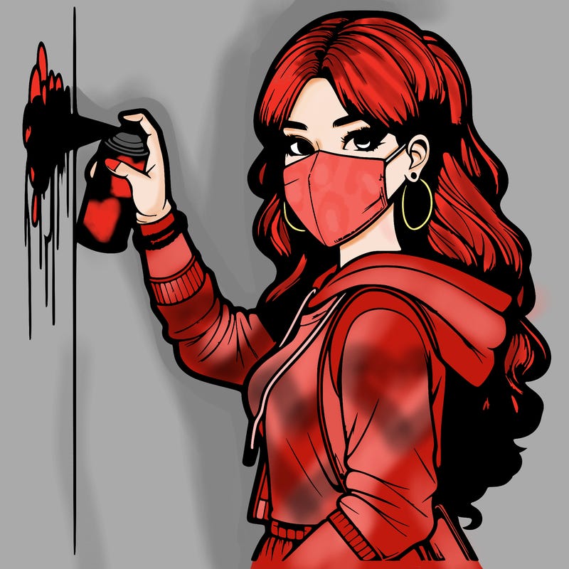 realistic girl with mask spray painting a wall