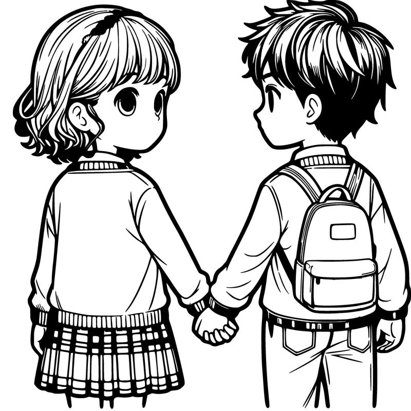 realistic girl and boy holding hands turned around